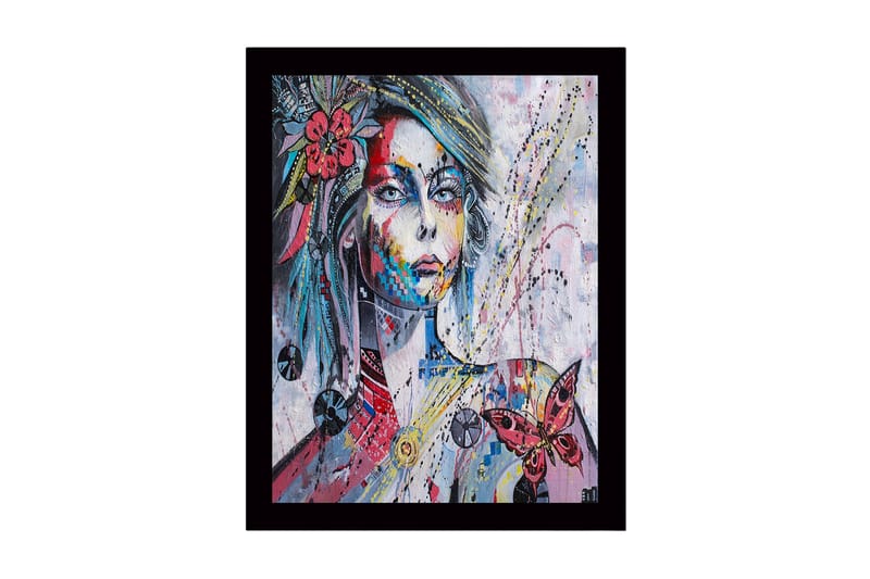 Innrammet lerret i tre - 41x56 cm - Portrett av en kvinne med fargerike detaljer og en sommerfugl, Rosa / Blå / Gul