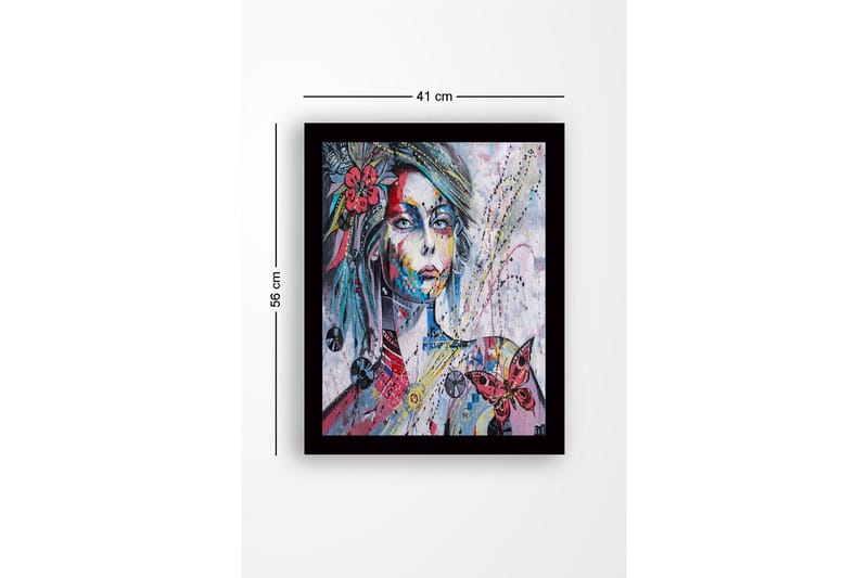 Innrammet lerret i tre - 41x56 cm - Portrett av en kvinne med fargerike detaljer og en sommerfugl - Rosa / Blå / Gul - Interiør - Maleri & posters - Lerretsbilder