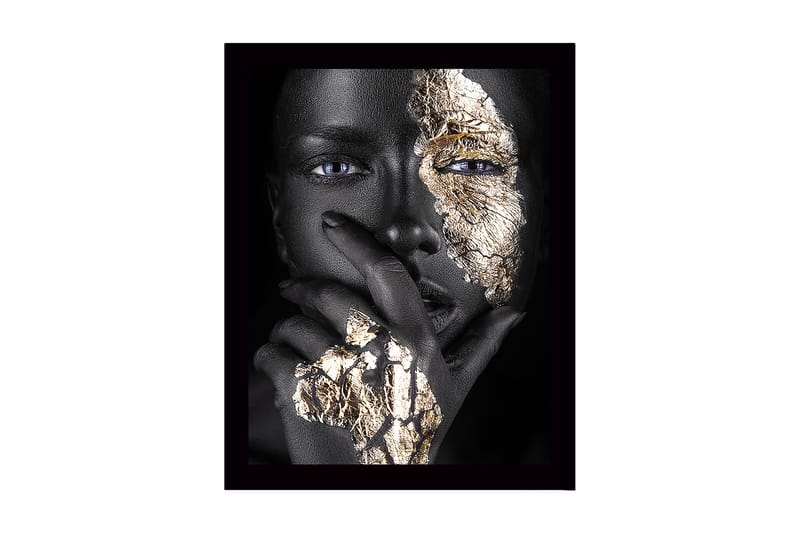 Innrammet lerret i tre - 41x56 cm - Portrett av en person med gulldetaljer på ansikt og hånd, Svart / Gull