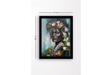 Innrammet lerret i tre - 41x56 cm - Portrett av en kvinne med blomster i håret - Svart / Grønn / Rosa - Interiør - Maleri & posters - Lerretsbilder