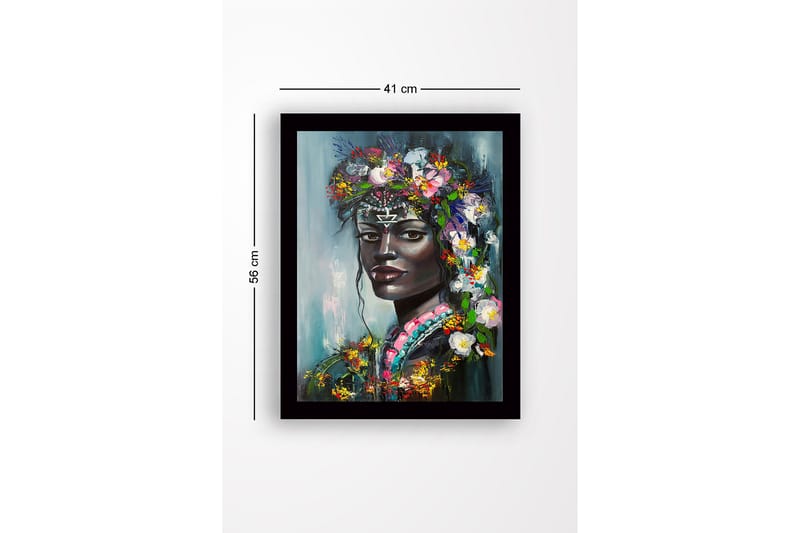 Innrammet lerret i tre - 41x56 cm - Portrett av en kvinne med blomster i håret - Svart / Grønn / Rosa - Interiør - Maleri & posters - Lerretsbilder