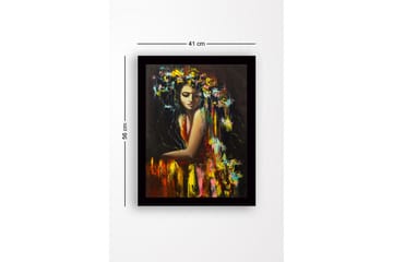 Innrammet lerret i tre - 41x56 cm - Portrett av en kvinne med blomster i håret - Gul / Rød / Grønn - Interiør - Maleri & posters - Lerretsbilder