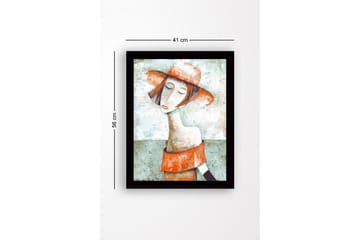 Innrammet lerret i tre - 41x56 cm - Portrett av en kvinne med hatt og rødoransje kjole - Grønn / Rødoransje / Beige - Interiør - Maleri & posters - Lerretsbilder