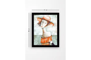 Innrammet lerret i tre - 41x56 cm - Portrett av en kvinne med hatt og rødoransje kjole - Grønn / Rødoransje / Beige - Interiør - Maleri & posters - Lerretsbilder