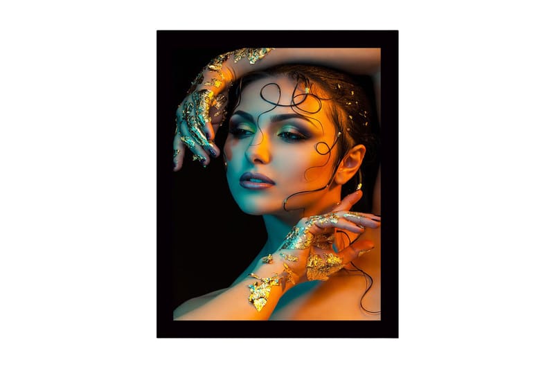 Innrammet lerret i tre - 41x56 cm - Portrett av en kvinne med gulldetaljer og fargerik belysning, Gull / Turkis / Oransje