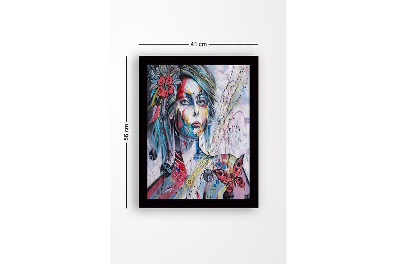 Innrammet lerret i tre - 41x56 cm - Portrett av en kvinne med fargerike detaljer og en sommerfugl - Rosa / Blå / Gul - Interiør - Maleri & posters - Lerretsbilder