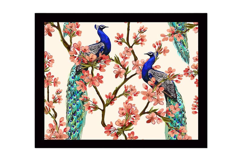 Innrammet lerret i tre - 41x56 cm - Påfugler sitter blant blomstrende grener, Blå / Rosa / Grønn