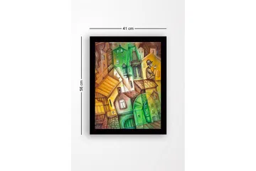 Innrammet lerretsbilde i tre - 41x56 cm - Abstrakt bybilde med vinklede bygninger og en mann med hatt - Grønn / Brun / Gul - Interiør - Maleri & posters - Lerretsbilder
