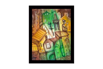 Innrammet lerretsbilde i tre - 41x56 cm - Abstrakt bybilde med vinklede bygninger og en mann med hatt - Grønn / Brun / Gul - Interiør - Maleri & posters - Lerretsbilder