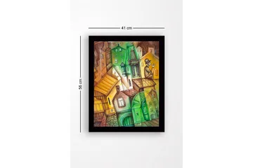 Innrammet lerretsbilde i tre - 41x56 cm - Abstrakt bybilde med vinklede bygninger og en mann med hatt - Grønn / Brun / Gul - Interiør - Maleri & posters - Lerretsbilder