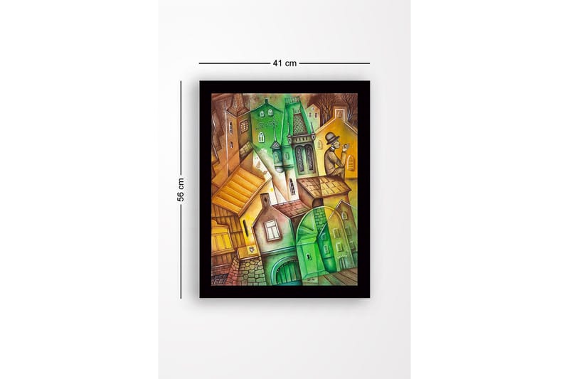 Innrammet lerretsbilde i tre - 41x56 cm - Abstrakt bybilde med vinklede bygninger og en mann med hatt - Grønn / Brun / Gul - Interiør - Maleri & posters - Lerretsbilder
