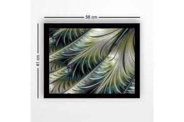 Innrammet lerretsbilde i tre - 41x56 cm - Abstrakt mønster av flytende fjær i forskjellige nyanser - Grønn / Blå / Sølv - Interiør - Maleri & posters - Lerretsbilder