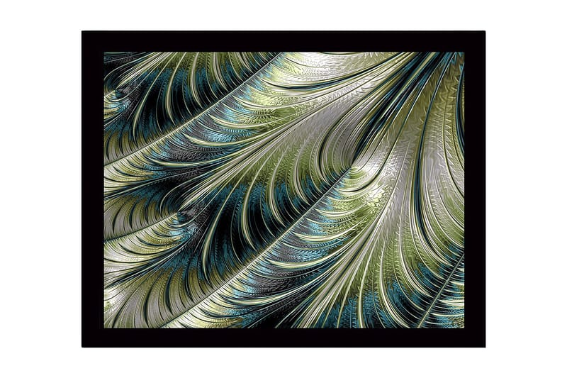 Innrammet lerretsbilde i tre - 41x56 cm - Abstrakt mønster av flytende fjær i forskjellige nyanser, Grønn / Blå / Sølv