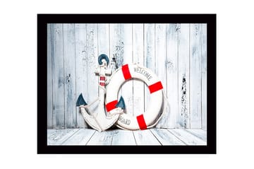 Innrammet lerretsbilde i tre - 41x56 cm - Anker og livbøye med velkomstmelding - Hvit / Rød / Blå - Interiør - Maleri & posters - Lerretsbilder