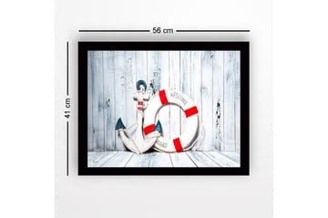 Innrammet lerretsbilde i tre - 41x56 cm - Anker og livbøye med velkomstmelding - Hvit / Rød / Blå - Interiør - Maleri & posters - Lerretsbilder