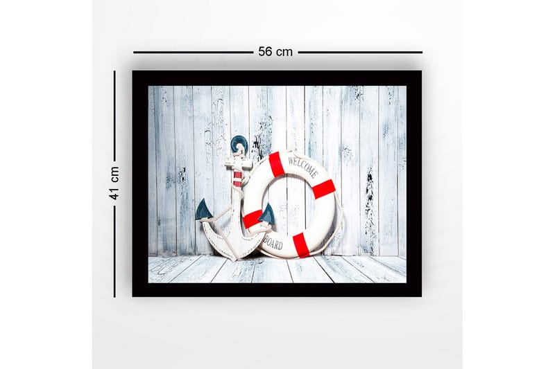 Innrammet lerretsbilde i tre - 41x56 cm - Anker og livbøye med velkomstmelding - Hvit / Rød / Blå - Interiør - Maleri & posters - Lerretsbilder