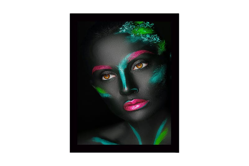 Innrammet lerretsbilde i tre - 41x56 cm - Ansikt med fargerik ansiktsmaling i kontrasterende nyanser, Svart / Grønn / Rosa