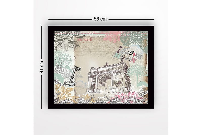 Innrammet lerretsbilde i tre - 41x56 cm - Arkitektonisk motiv av en triumfbue med blomsterdetaljer og teksten I love Milan - Pastellgrønn / Rosa / Beige - Interiør - Maleri & posters - Lerretsbilder