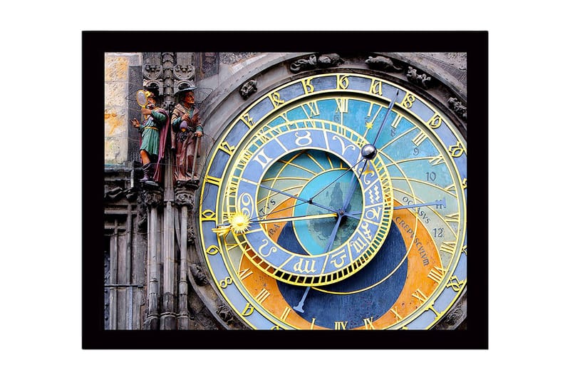 Innrammet lerretsbilde i tre - 41x56 cm - Astronomisk klokke med detaljerte sirkler og symboler, Gull / Blå / Oransje
