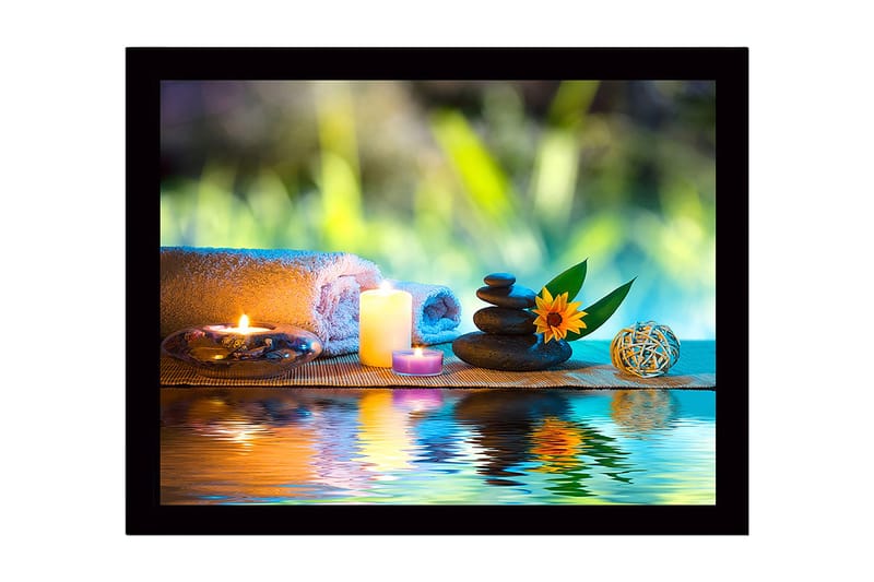 Innrammet lerretsbilde i tre - 41x56 cm - Avslappende stillhet med steiner, stearinlys og en blomst, Grønn / Blå / Beige