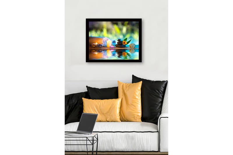 Innrammet lerretsbilde i tre - 41x56 cm - Avslappende stillhet med steiner, stearinlys og en blomst - Grønn / Blå / Beige - Interiør - Maleri & posters - Lerretsbilder