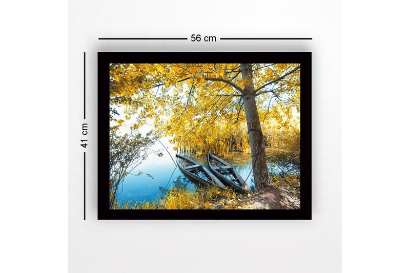 Innrammet lerretsbilde i tre - 41x56 cm - Båter på en speilblank innsjø omgitt av gyldne høstblader - Gull / Grønn / Blå - Interiør - Maleri & posters - Lerretsbilder