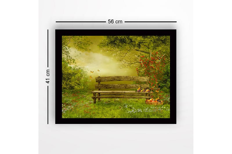 Innrammet lerretsbilde i tre - 41x56 cm - Benk i en frodig hage omgitt av blomster og sommerfugler - Grønn / Brun / Gul - Interiør - Maleri & posters - Lerretsbilder