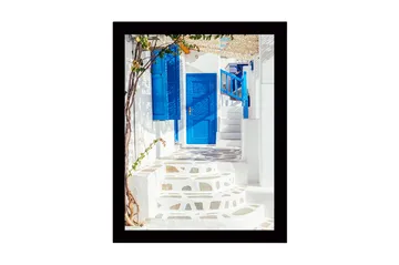 Innrammet lerretsbilde i tre - 41x56 cm - Blå dører og trapper i en hvitkalket smug - Blå / Hvit - Interiør - Maleri & posters - Lerretsbilder