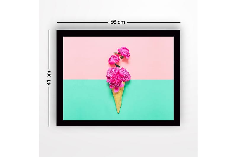 Innrammet lerretsbilde i tre - 41x56 cm - Blomster i en glasskjegle mot en fargerik bakgrunn - Rosa / Grønn / Gul - Interiør - Maleri & posters - Lerretsbilder