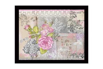 Innrammet lerretsbilde i tre - 41x56 cm - Blomsterkomposisjon med rosa roser og detaljer i vintagestil - Rosa / Grå / Beige - Interiør - Maleri & posters - Lerretsbilder