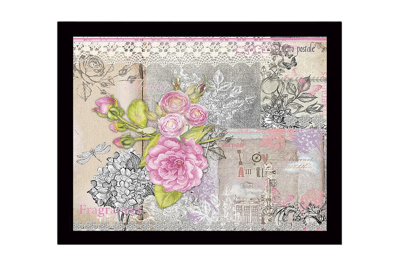 Innrammet lerretsbilde i tre - 41x56 cm - Blomsterkomposisjon med rosa roser og detaljer i vintagestil, Rosa / Grå / Beige