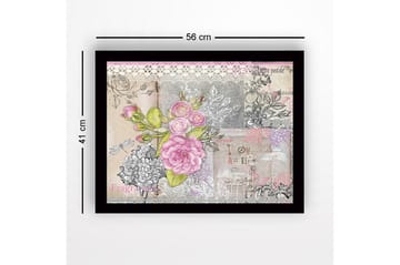 Innrammet lerretsbilde i tre - 41x56 cm - Blomsterkomposisjon med rosa roser og detaljer i vintagestil - Rosa / Grå / Beige - Interiør - Maleri & posters - Lerretsbilder