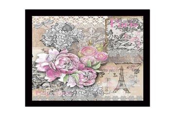 Innrammet lerretsbilde i tre - 41x56 cm - Blomsterkomposisjon med roser og vintage-elementer - Rosa / Grå / Beige - Interiør - Maleri & posters - Lerretsbilder