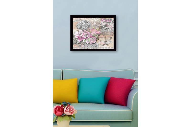 Innrammet lerretsbilde i tre - 41x56 cm - Blomsterkomposisjon med roser og vintage-elementer - Rosa / Grå / Beige - Interiør - Maleri & posters - Lerretsbilder