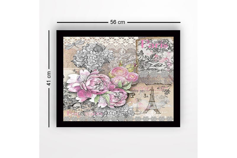 Innrammet lerretsbilde i tre - 41x56 cm - Blomsterkomposisjon med roser og vintage-elementer - Rosa / Grå / Beige - Interiør - Maleri & posters - Lerretsbilder
