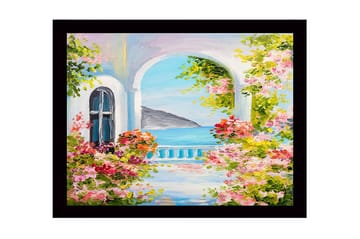 Innrammet lerretsbilde i tre - 41x56 cm - Blomstrende balkong med havutsikt - Rosa / Grønn / Blå - Interiør - Maleri & posters - Lerretsbilder