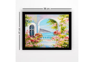 Innrammet lerretsbilde i tre - 41x56 cm - Blomstrende balkong med havutsikt - Rosa / Grønn / Blå - Interiør - Maleri & posters - Lerretsbilder