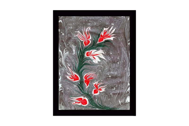 Innrammet lerretsbilde i tre - 41x56 cm - Blomstrende gren med røde og hvite blomster, Rød / Hvit / Grå