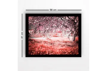 Innrammet lerretsbilde i tre - 41x56 cm - Blomstrende kirsebærtrær i et drømmeaktig landskap - Rosa / Grønn / Hvit - Interiør - Maleri & posters - Lerretsbilder