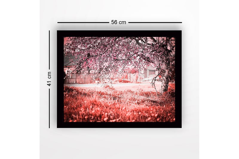 Innrammet lerretsbilde i tre - 41x56 cm - Blomstrende kirsebærtrær i et drømmeaktig landskap - Rosa / Grønn / Hvit - Interiør - Maleri & posters - Lerretsbilder