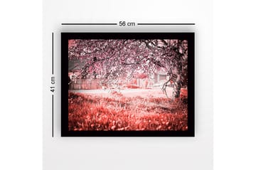 Innrammet lerretsbilde i tre - 41x56 cm - Blomstrende kirsebærtrær i et drømmeaktig landskap - Rosa / Grønn / Hvit - Interiør - Maleri & posters - Lerretsbilder