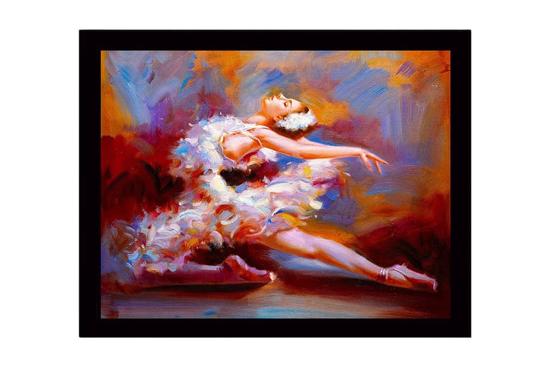 Innrammet lerretsbilde i tre - 41x56 cm - Dansende ballerina i en fargerik kjole, Rød / Hvit / Oransje