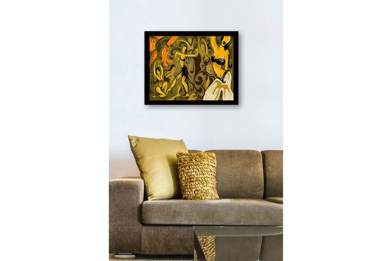 Innrammet lerretsbilde i tre - 41x56 cm - Dansende kvinner i en fargerik og abstrakt komposisjon - Gull / Oransje / Brun - Interiør - Maleri & posters - Lerretsbilder