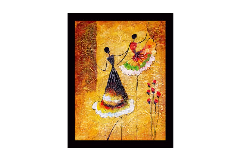 Innrammet lerretsbilde i tre - 41x56 cm - Dansende kvinner i fargerike kjoler, Gul / Svart / Rød