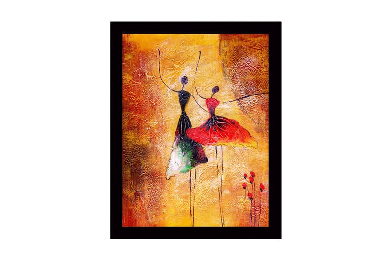Innrammet lerretsbilde i tre - 41x56 cm - Dansende par i fargerike kjoler, Rød / Svart / Gul