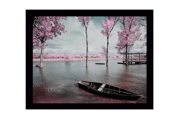 Innrammet lerretsbilde i tre - 41x56 cm - Drømmende landskap med rosa trær ved en rolig innsjø - Rosa / Grå / Svart - Interiør - Maleri & posters - Lerretsbilder