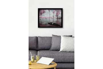 Innrammet lerretsbilde i tre - 41x56 cm - Drømmende landskap med rosa trær ved en rolig innsjø - Rosa / Grå / Svart - Interiør - Maleri & posters - Lerretsbilder