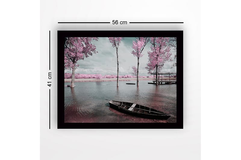 Innrammet lerretsbilde i tre - 41x56 cm - Drømmende landskap med rosa trær ved en rolig innsjø - Rosa / Grå / Svart - Interiør - Maleri & posters - Lerretsbilder