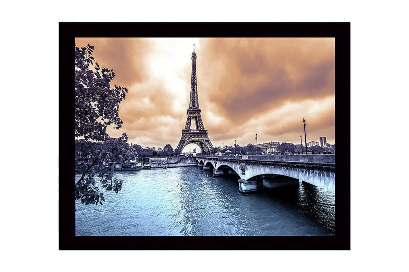 Innrammet lerretsbilde i tre - 41x56 cm - Eiffeltårnet omgitt av en dramatisk himmel og en speilblank elv, Blå / Oransje / Grå