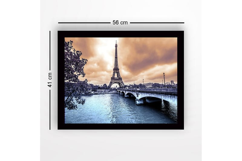 Innrammet lerretsbilde i tre - 41x56 cm - Eiffeltårnet omgitt av en dramatisk himmel og en speilblank elv - Blå / Oransje / Grå - Interiør - Maleri & posters - Lerretsbilder